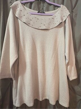 Briggs New York Pearl-Embellished Off-the-Shoulder Light Grey Sweater